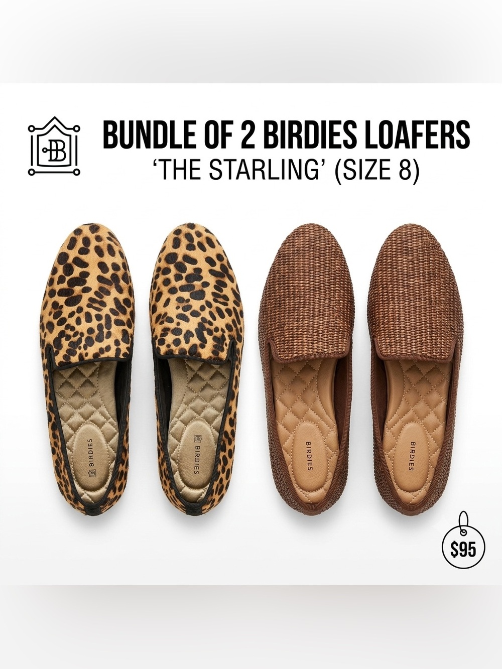 Bundle of 2 Birdies The Starling Loafers Size 8 Leopard Calf Hair & Woven Raffia